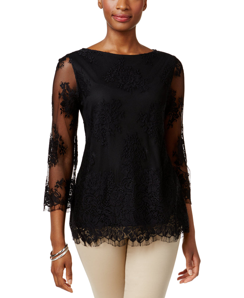 Charter Club Women Lace Boat Neck Top Deep Black