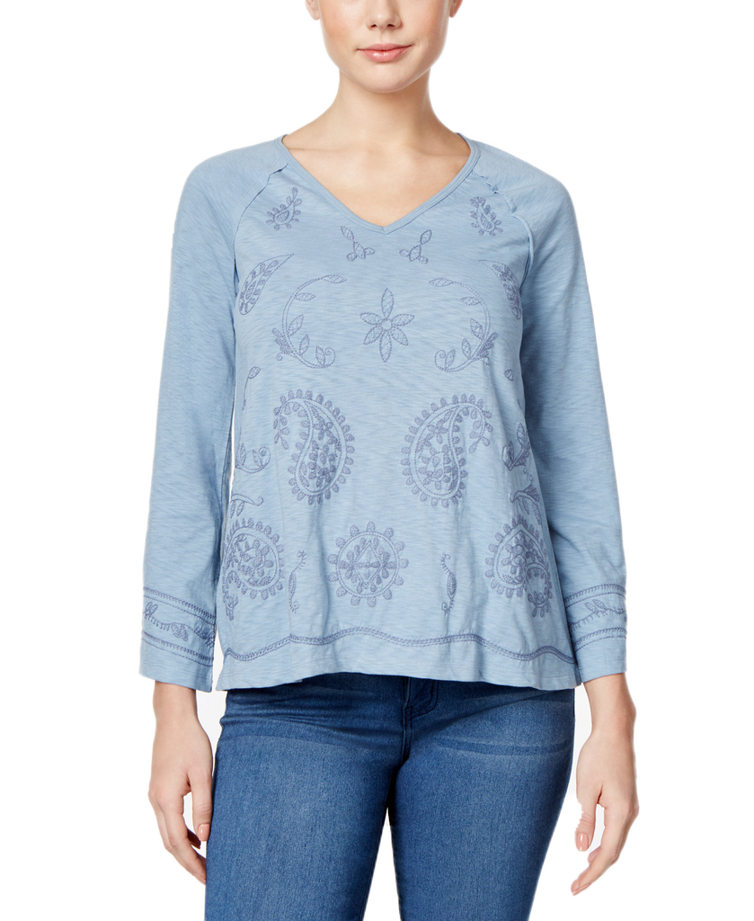 Style & Co Women Bell Sleeve Embroidered Top Blue Fog