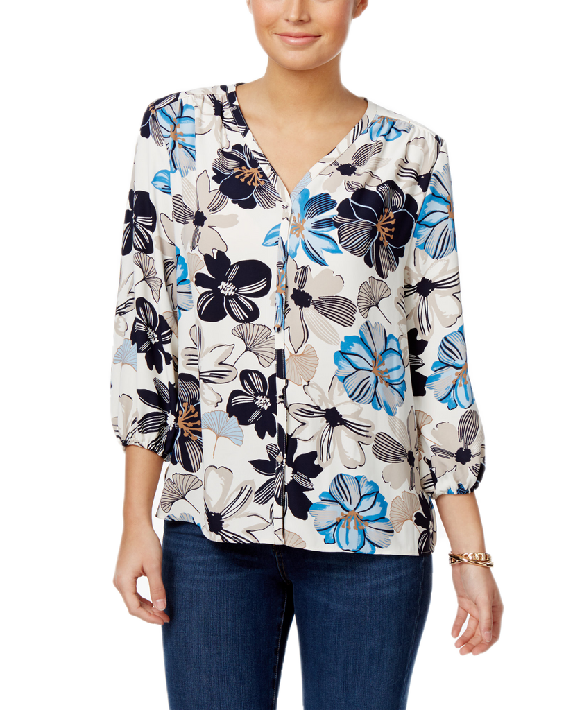 Charter Club Women Floral Print V Neck Blouse Birch Tree