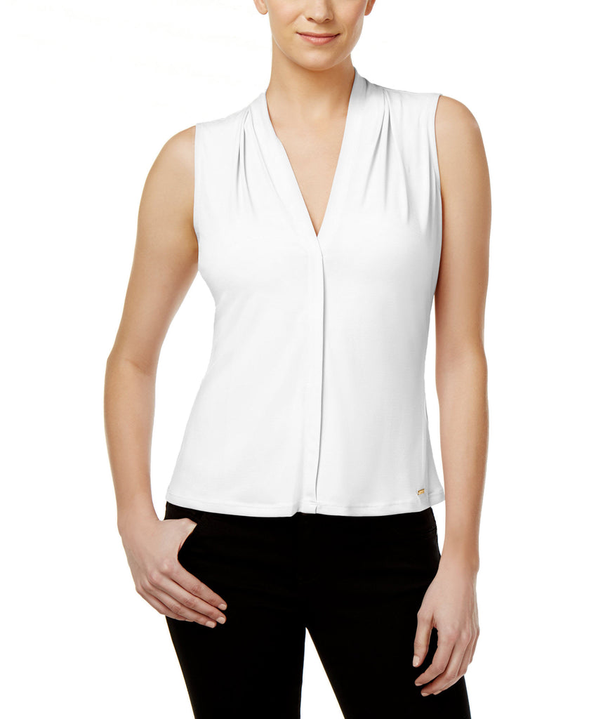 Calvin-Klein-Women-Gathered-V-Neck-Sleeveless-Top-White