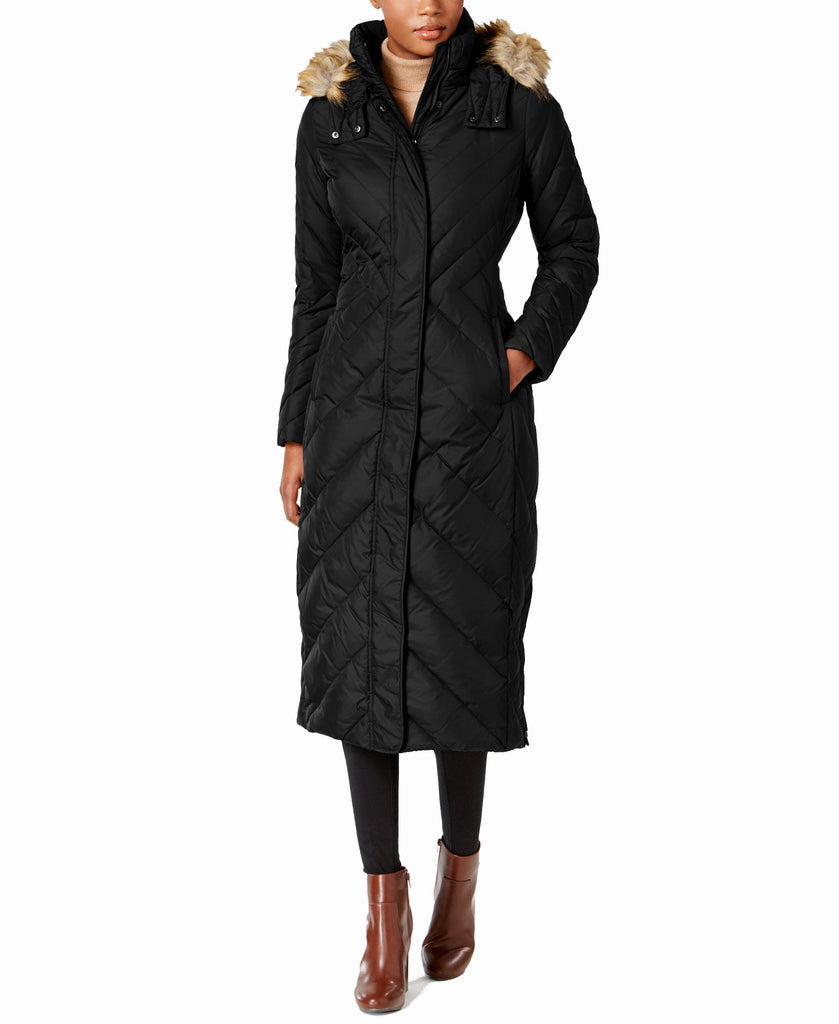 Larry Levine Women Faux Fur Trim Maxi Puffer Coat Black