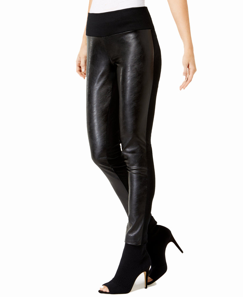 INC International Concepts Women Curvy Faux Leather Front Leggings Deep Black