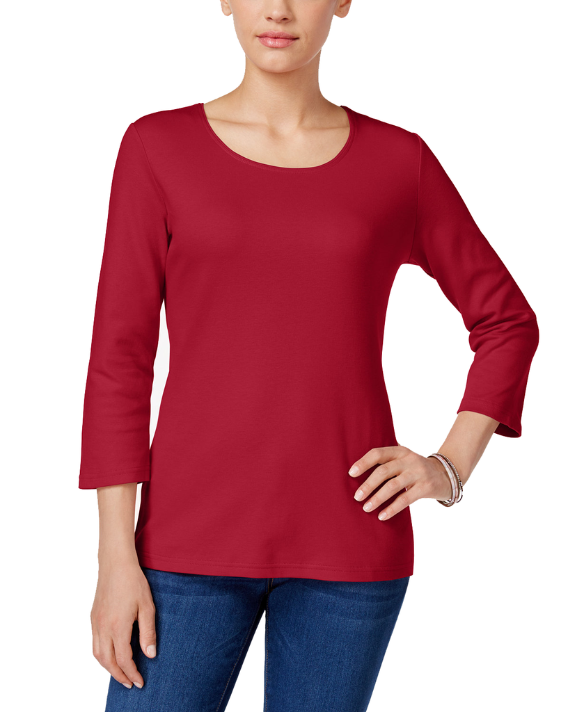 Karen Scott Women Petite Cotton Scoop Neck 3 4 Sleeve Top New Red Amore