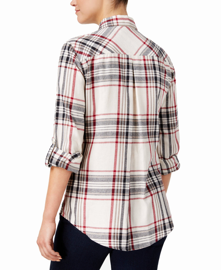 Style & Co Women Petite Cotton Tab Sleeve Plaid Shirt