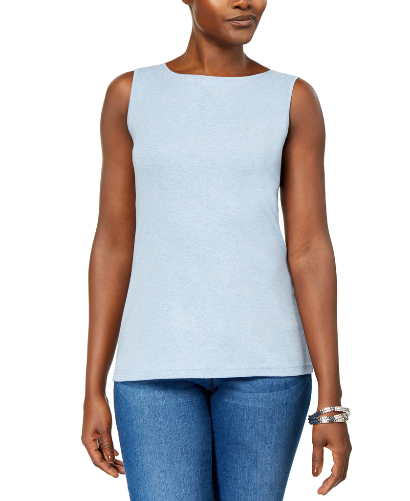 Karen Scott Women Petite Cotton Boat Neck Top Light Heather Blue