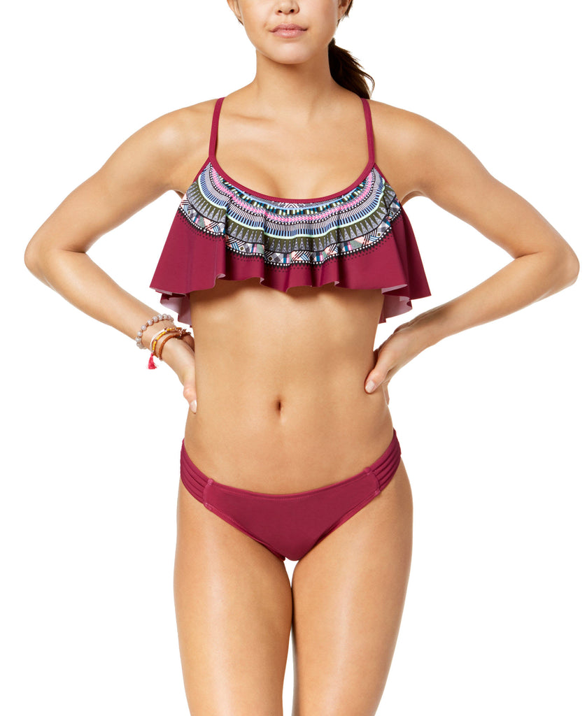 California Waves Juniors Hypnotic Optic Strappy Back Flounced Bikini Top