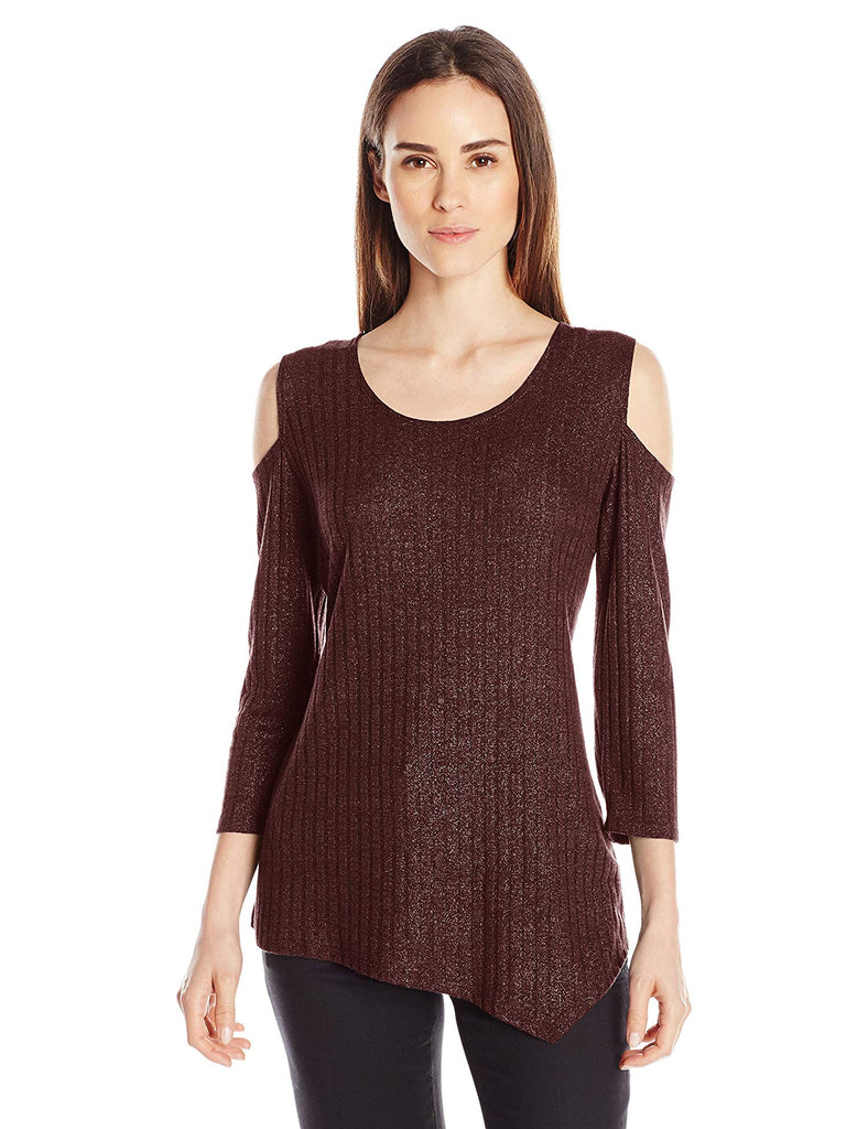 NY Collection Women Asymmetrical Cold Shoulder Top Wine Dustrain