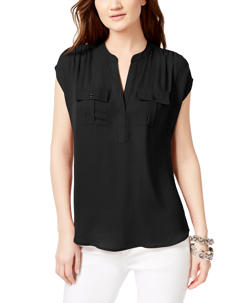 INC International Concepts Women Petite Mixed Media Utility Shirt Deep Black