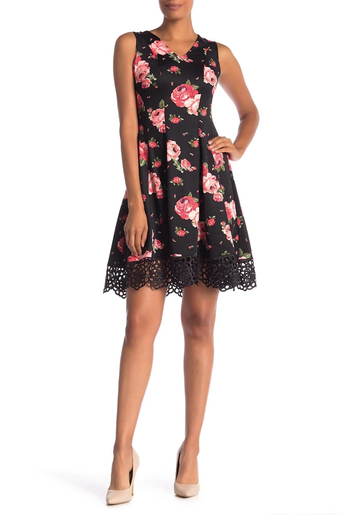 Donna Ricco Women Floral Print Crochet Hem Fit & Flare Dress Black