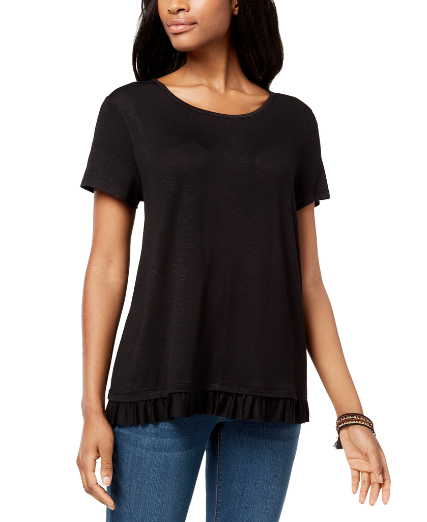 Style & Co Women Ruffled Hem Top Deep Black