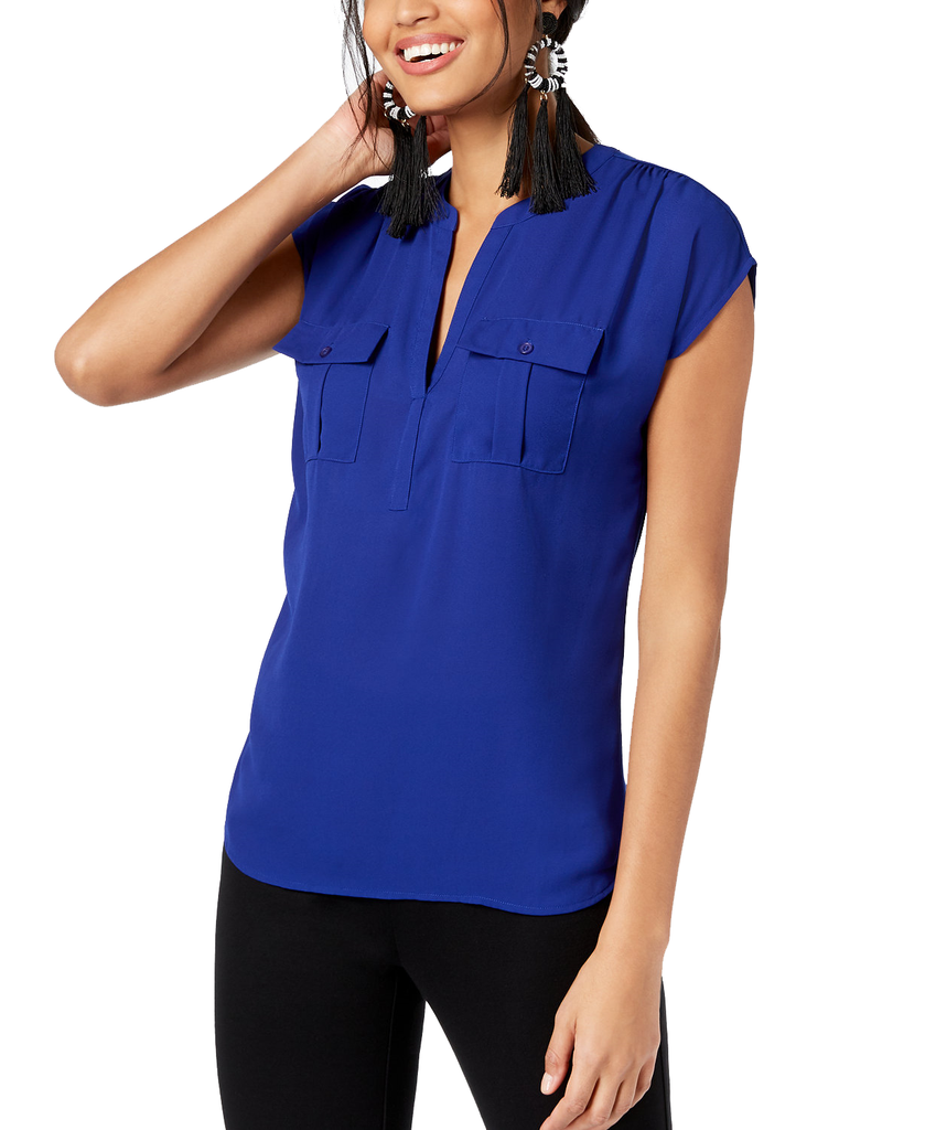 INC International Concepts Women Petite Mixed Media Utility Shirt Goddess Blue