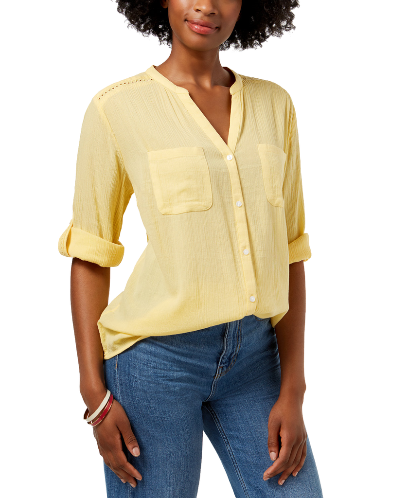 Charter Club Women Petite Split Neck Utility Shirt Lemon Spritz