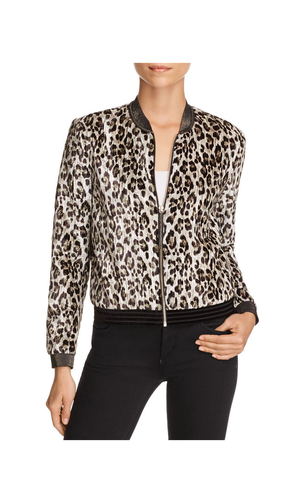 T Tahari Women Fatima Leopard Print Bomber Jacket Cork