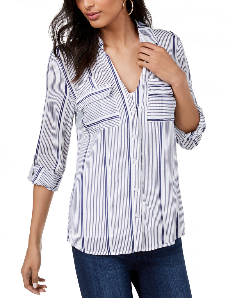 INC International Concepts Women Striped Flap Pocket Shirt Femme Stripe