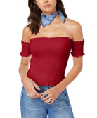 Crave Fame Women Smocked Off The Shoulder Crop Top Red