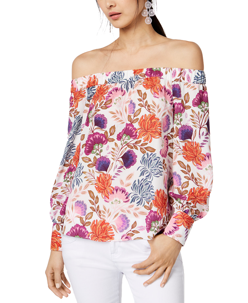 INC International Concepts Petite Printed Off The Shoulder Top Lovely Lobelia