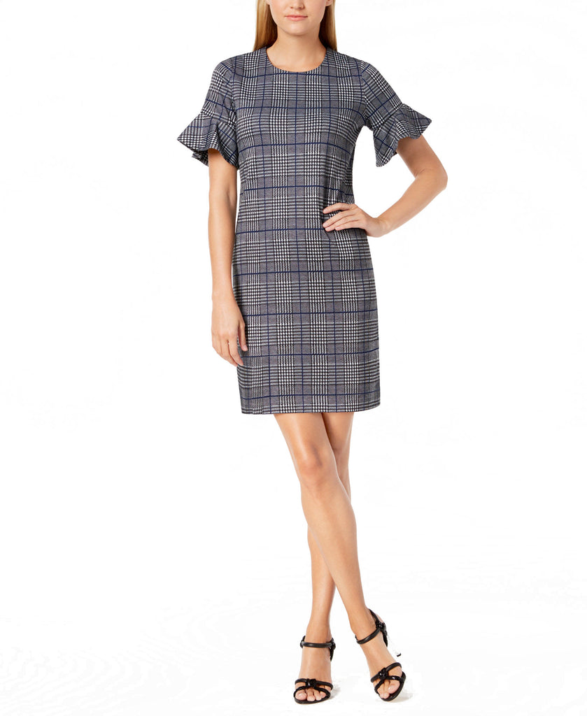 Calvin Klein Women Menswear Plaid Bell Sleeve Dress Black Regatta