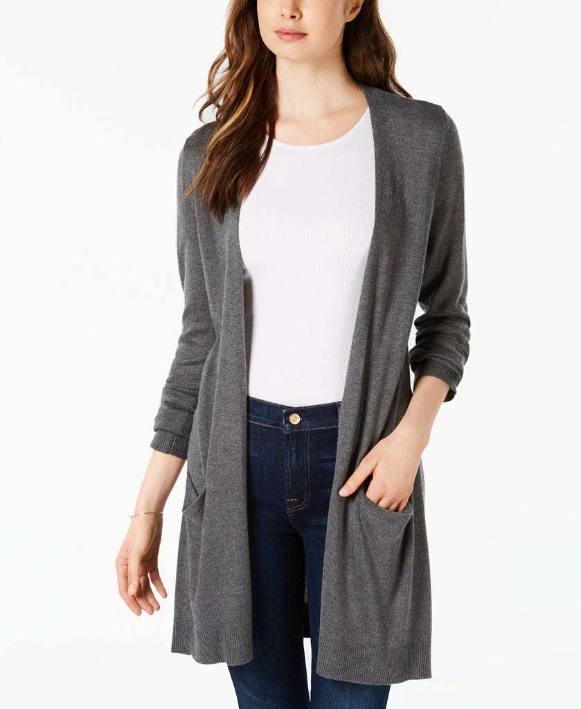 Maison Jules Women Long Open Front Jersey Cardigan Sweater Steel Grey Heather