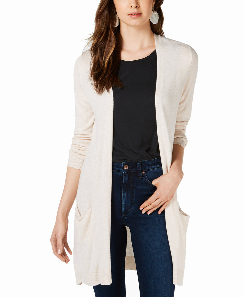 Maison Jules Women Long Open Front Jersey Cardigan Sweater Walnut Heather