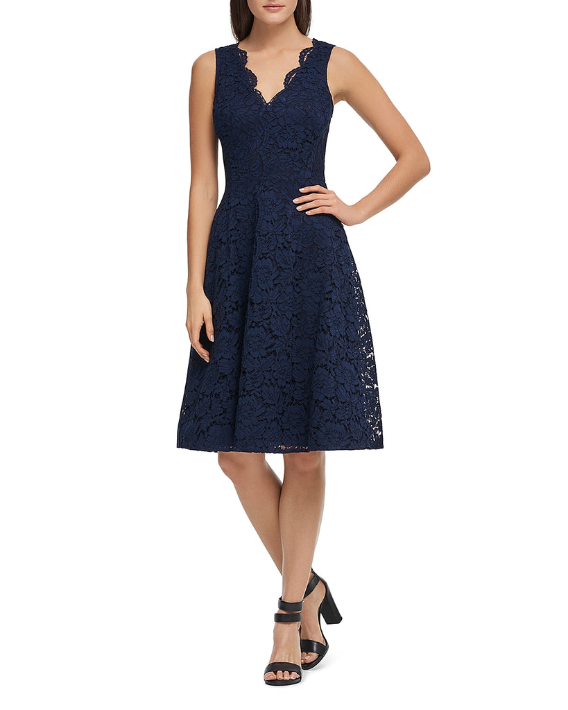 Donna Karan Women Lace Fit and Flare Dress Dark Navy