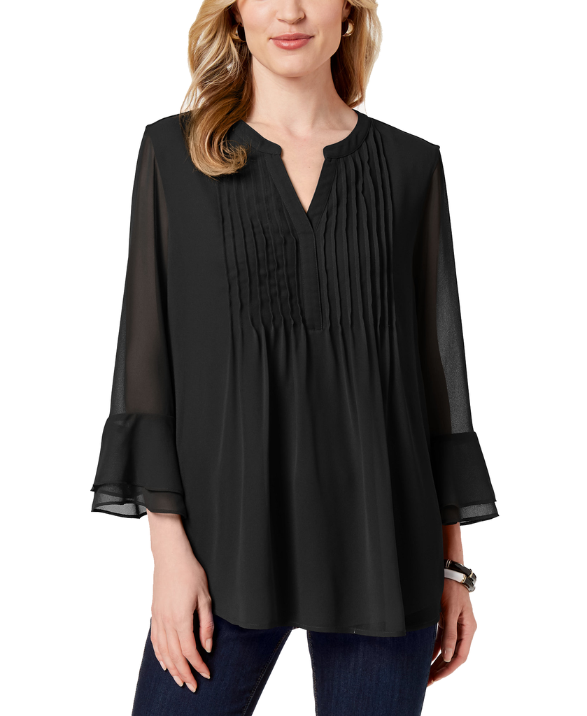 Charter Club Women Double Ruffle Solid Pintuck Top Deep Black