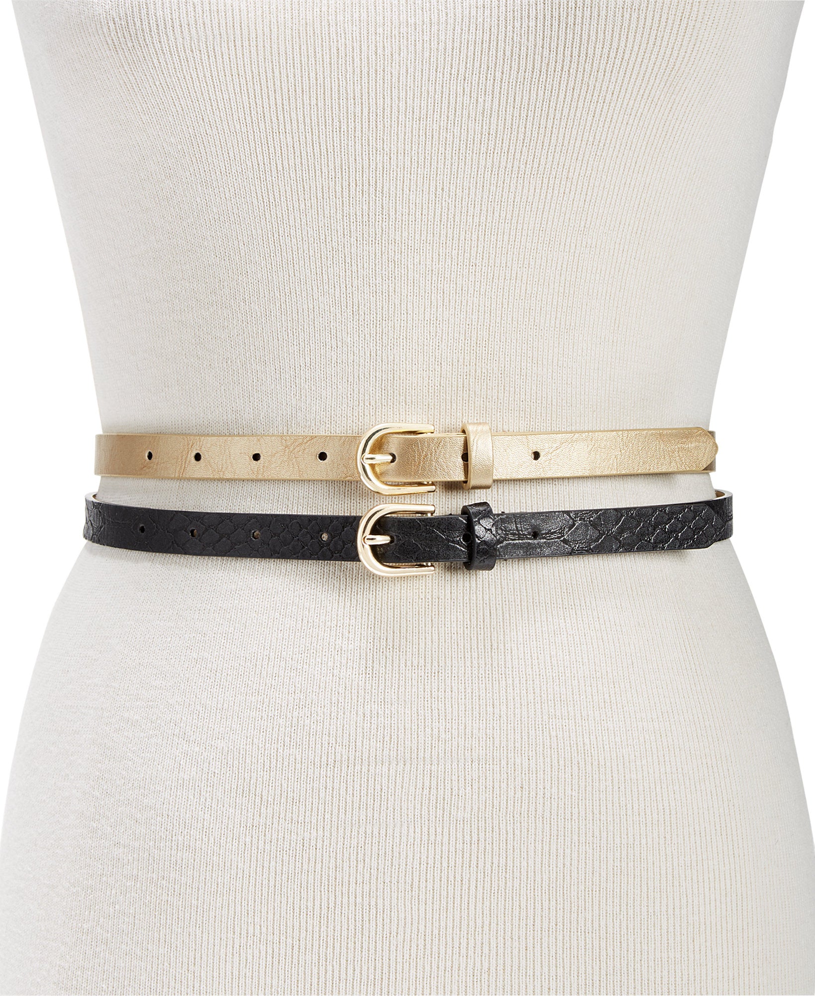 INC International Concepts Women 2 for 1 Metallic & Embossed Skinny Belts Black Gold