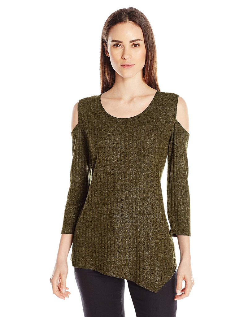 NY Collection Women Asymmetrical Cold Shoulder Top Kelp Dustrain