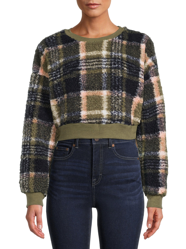 Love + Joy Juniors Plus Plus Faux Sherpa Pullover Top Olive Plaid